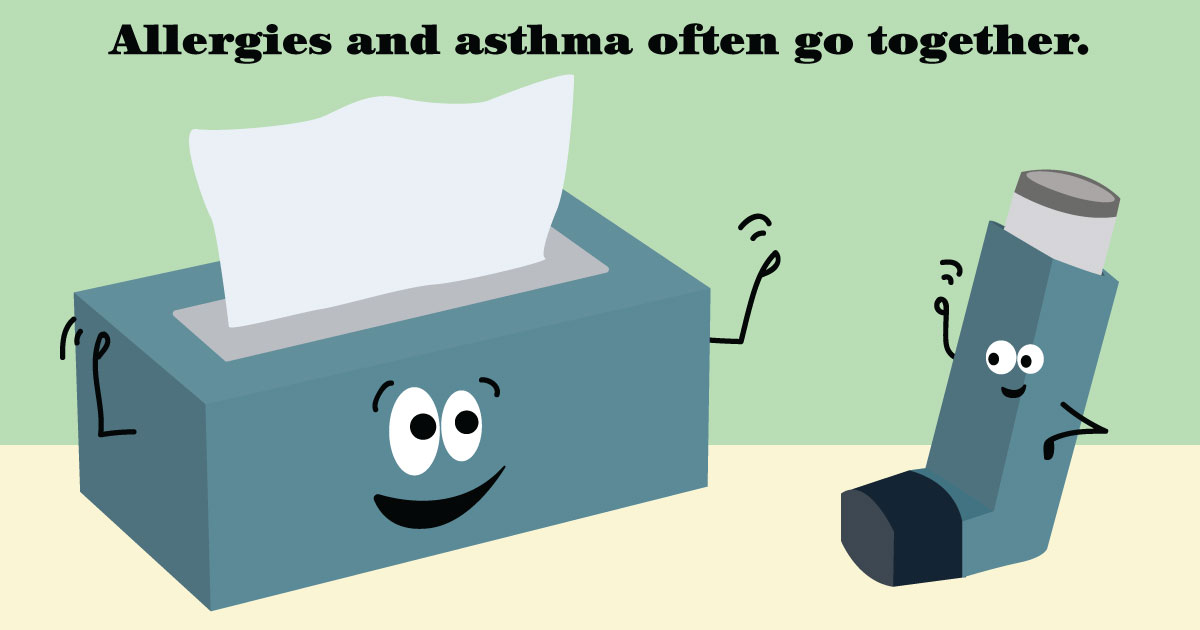 A box of facial tissues waves hello to an asthma inhaler. Text reads: Allergies and asthma often go together.